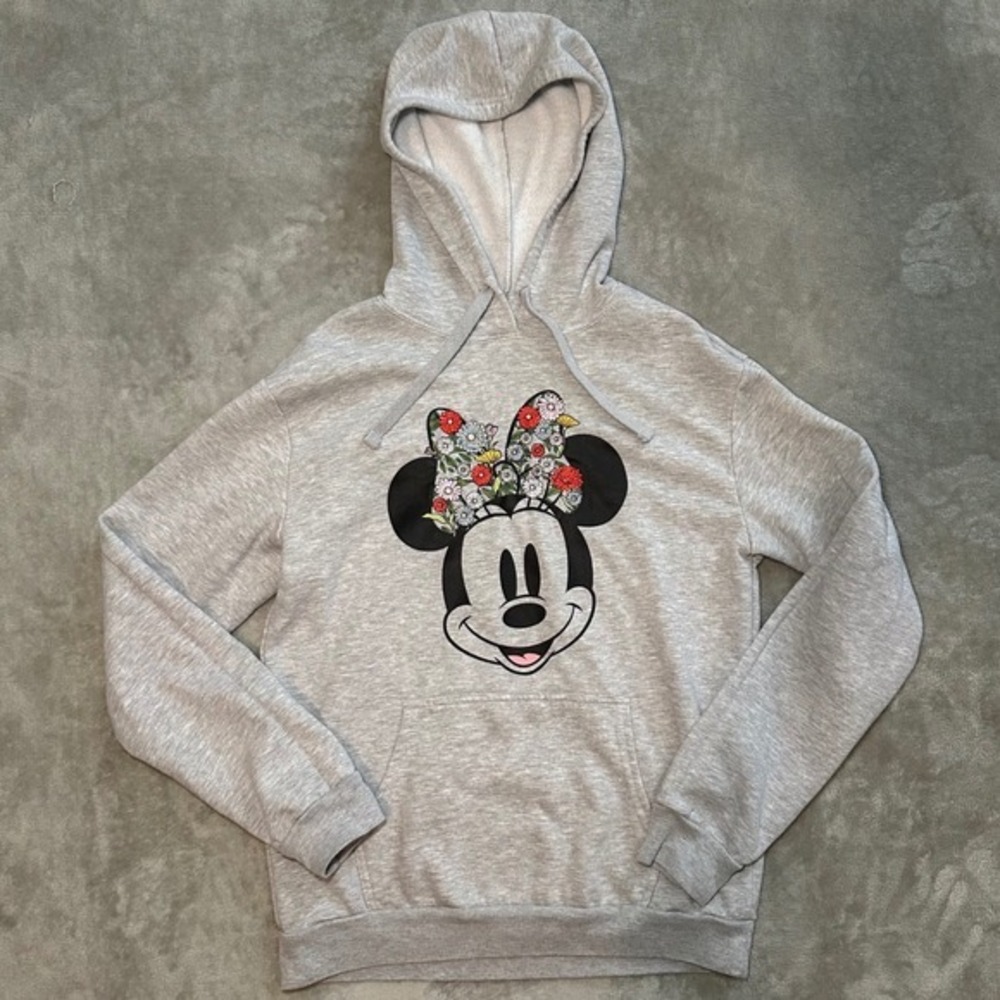 Disney Minnie Mouse Floral Hoodie Women Size M Gray Graphic Pullover Sweatshirt